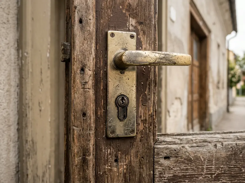 Altes, zerkratztes Türschloss an einer Holztür