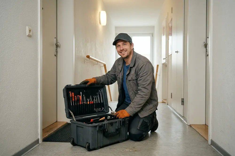 Lächelnder Schlüsseldienst-Techniker mit Mütze und orangen Handschuhen neben geöffnetem Werkzeugkoffer im Wohnungsflur