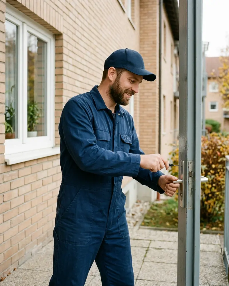 Schlüsseldienst-Mitarbeiter in blauer Arbeitskleidung öffnet eine graue Metalltür vor einer Ziegelwand