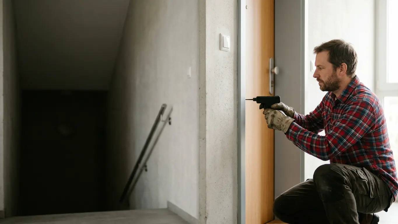 Schlüsseldienst-Techniker in Karohemd und Arbeitshandschuhen arbeitet am Zylinder einer Wohnungstür