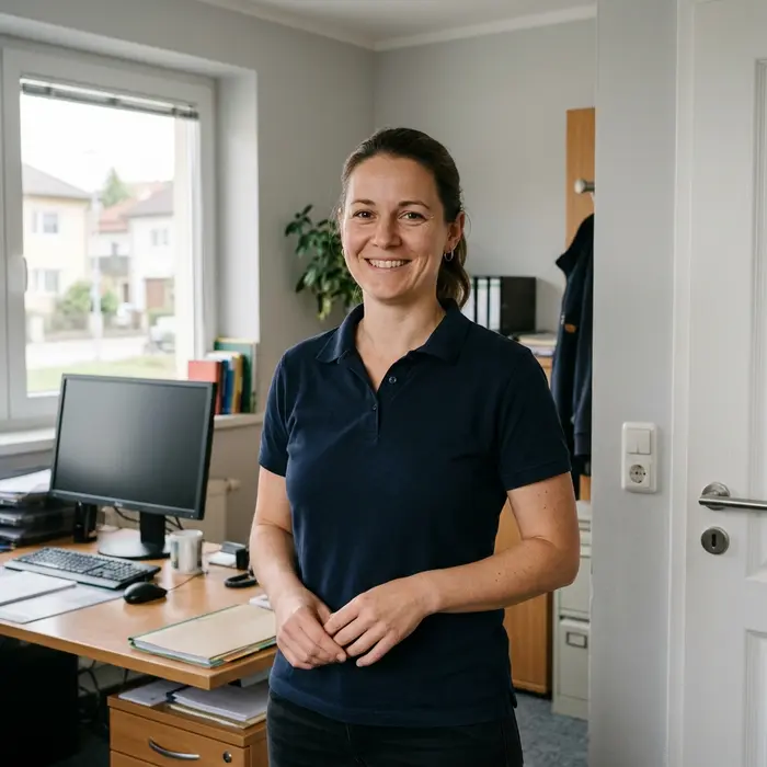 Lena aus Disposition und Schlüsselwerkstatt im dunklen Arbeitspolo im Büro