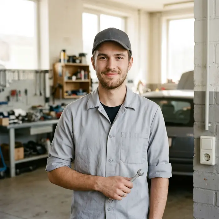Stefan, Techniker für Schlosstausch, in Kappe und grauem Arbeitshemd