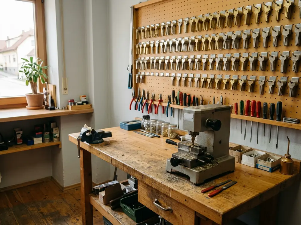 Kleine Schlüsselwerkstatt mit Fräsmaschine, rohen Schlüsselrohlingen an der Lochwand und aufgeräumter Werkbank